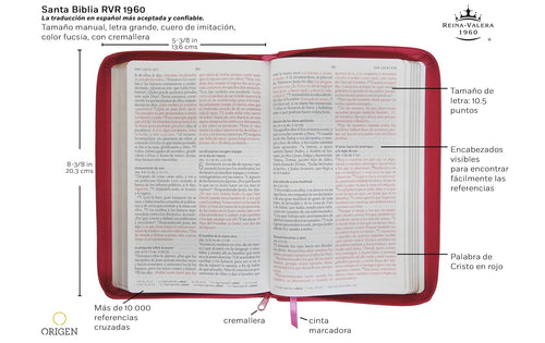 Biblia RVR 1960 Letra Grande Fucsia Cremallera | Símil Piel Tamaño Manual