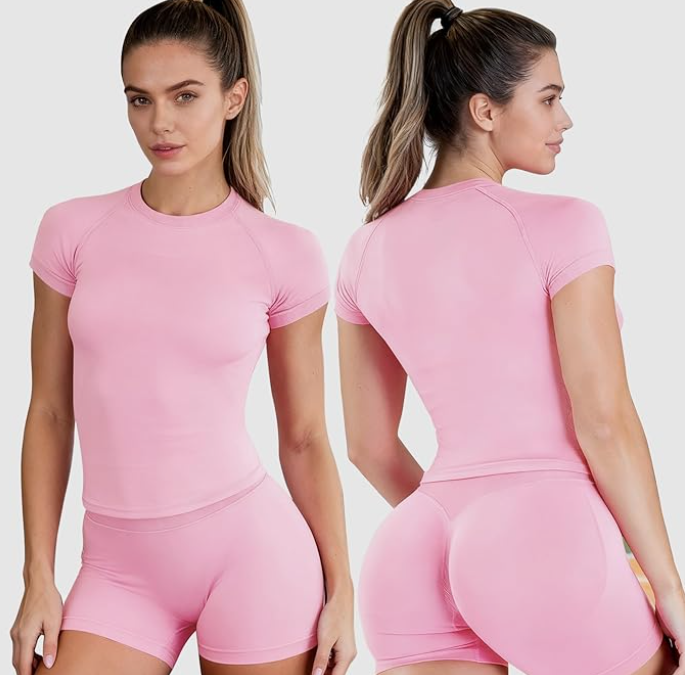Conjunto de Entrenamiento para Mujer 2 Piezas Sin Costuras - Camiseta y Pantalones Cortos Gym