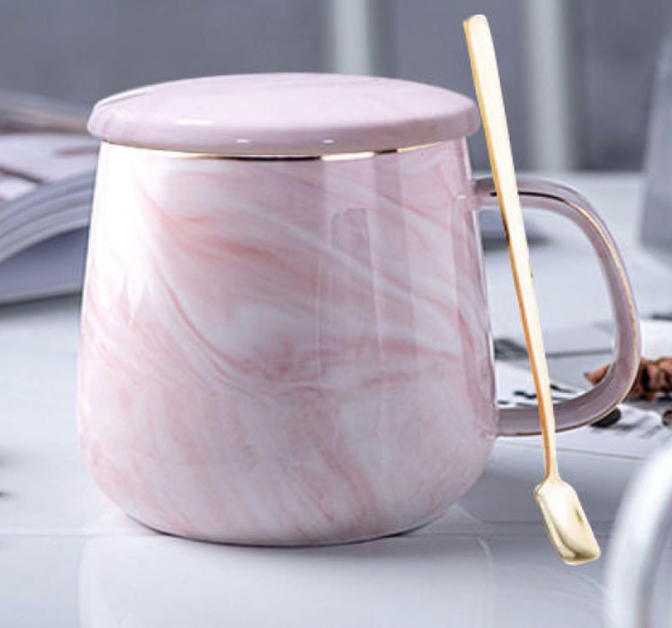 Xfeyaqlo Taza de Mármol Cerámica 400ml con Cuchara y Tapa - Diseño Elegante