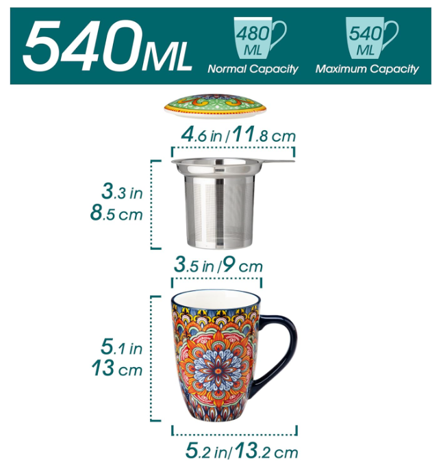 vancasso SIMI Taza Infusiones con Tapa y Filtro 540ml - Porcelana Boho Chic
