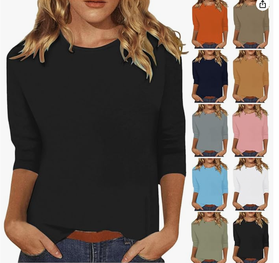 Camiseta de Mujer Algodón Elástico Cuello Barco Mangas 3/4 — Elegante y Cómoda