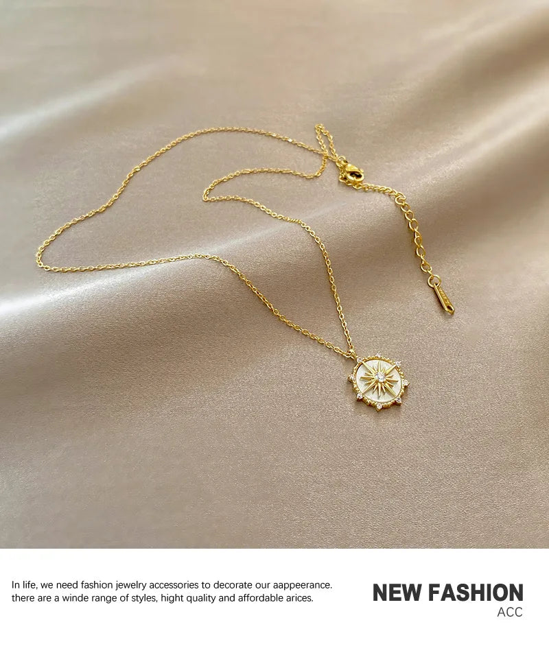 DIEYURO Stainless Steel Fashion Personality Geometric Zircon Necklace Shell Flower Pendant Hong Kong Style Clavicle Chain Gift