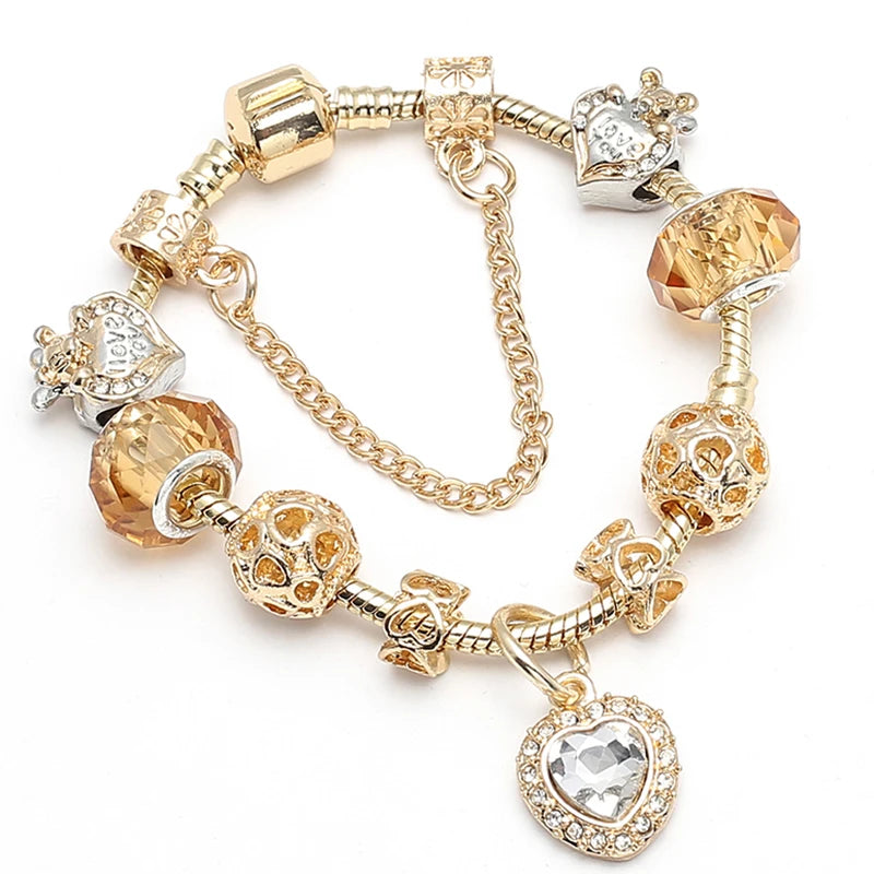 2024 New Crystal Heart Beads Charm Bracelets Gold Color Snake Chain Brand Bracelets for Women Lover Valentine's Day Jewelry Gift