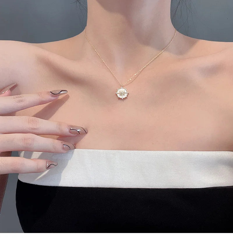 DIEYURO Stainless Steel Fashion Personality Geometric Zircon Necklace Shell Flower Pendant Hong Kong Style Clavicle Chain Gift