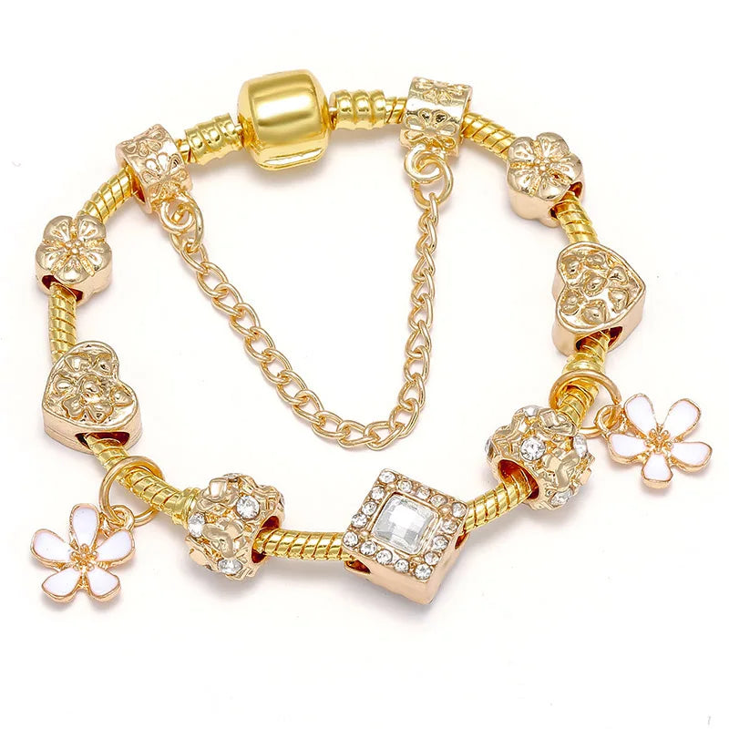 2024 New Crystal Heart Beads Charm Bracelets Gold Color Snake Chain Brand Bracelets for Women Lover Valentine's Day Jewelry Gift