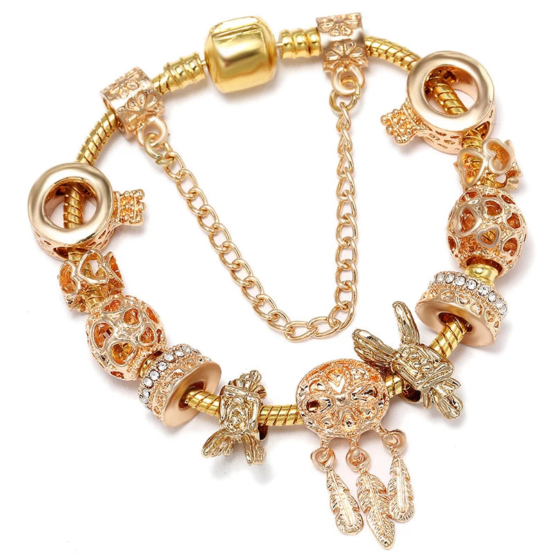 2024 New Crystal Heart Beads Charm Bracelets Gold Color Snake Chain Brand Bracelets for Women Lover Valentine's Day Jewelry Gift