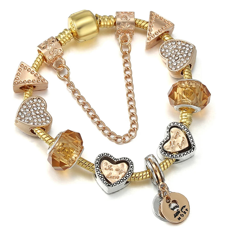 2024 New Crystal Heart Beads Charm Bracelets Gold Color Snake Chain Brand Bracelets for Women Lover Valentine's Day Jewelry Gift