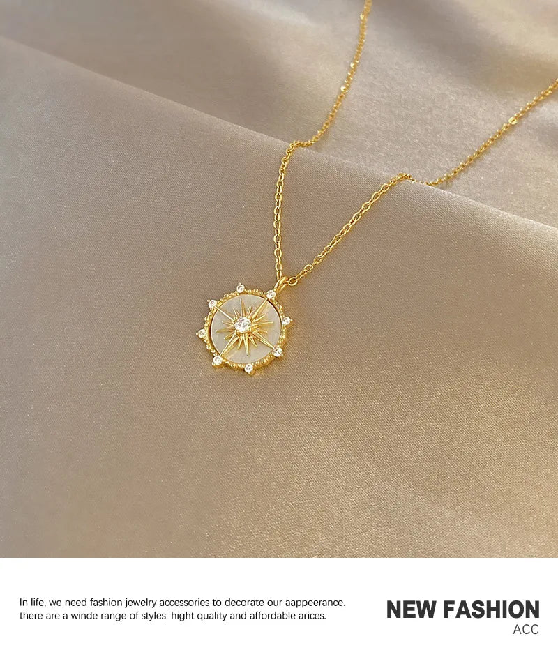DIEYURO Stainless Steel Fashion Personality Geometric Zircon Necklace Shell Flower Pendant Hong Kong Style Clavicle Chain Gift