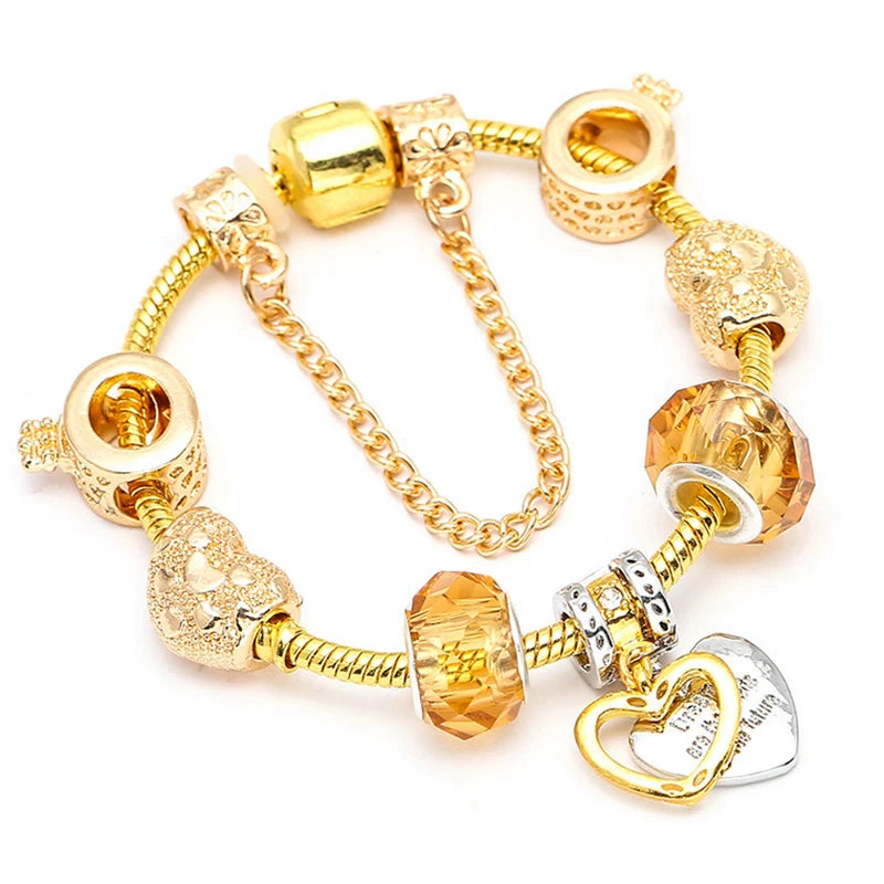 2024 New Crystal Heart Beads Charm Bracelets Gold Color Snake Chain Brand Bracelets for Women Lover Valentine's Day Jewelry Gift