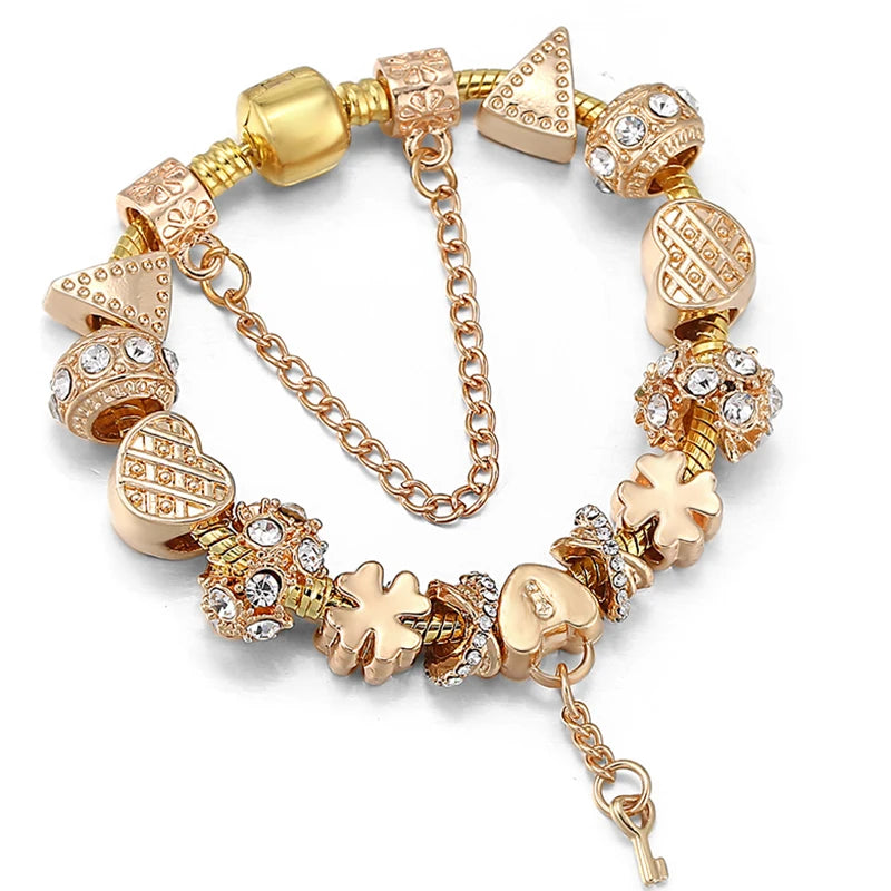 2024 New Crystal Heart Beads Charm Bracelets Gold Color Snake Chain Brand Bracelets for Women Lover Valentine's Day Jewelry Gift