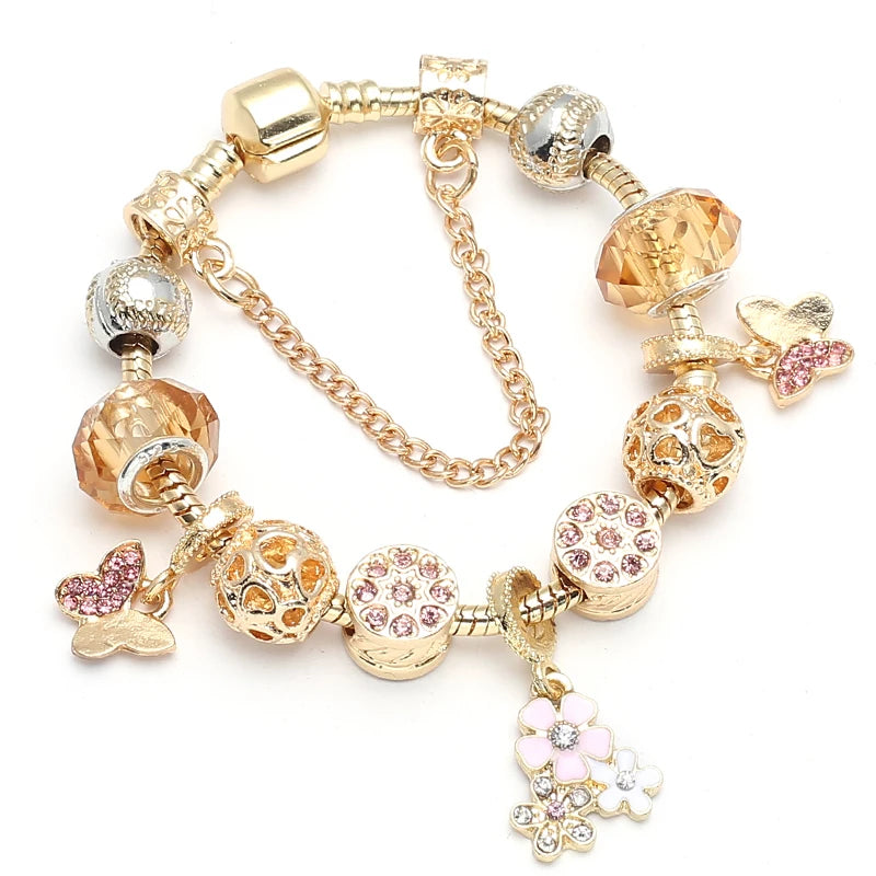 2024 New Crystal Heart Beads Charm Bracelets Gold Color Snake Chain Brand Bracelets for Women Lover Valentine's Day Jewelry Gift