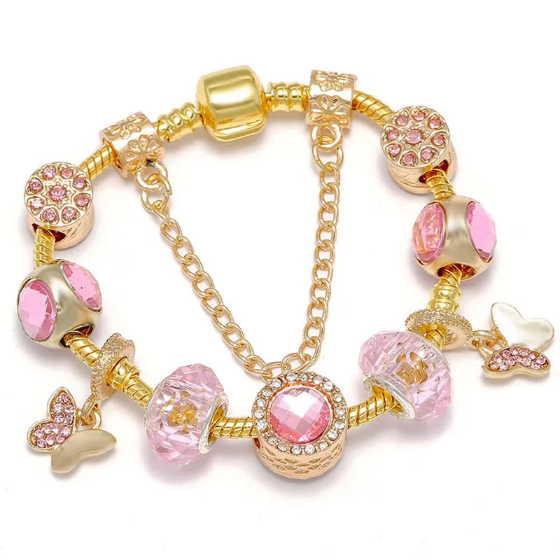 2024 New Crystal Heart Beads Charm Bracelets Gold Color Snake Chain Brand Bracelets for Women Lover Valentine's Day Jewelry Gift
