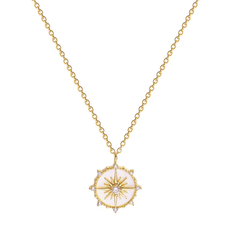 DIEYURO Stainless Steel Fashion Personality Geometric Zircon Necklace Shell Flower Pendant Hong Kong Style Clavicle Chain Gift