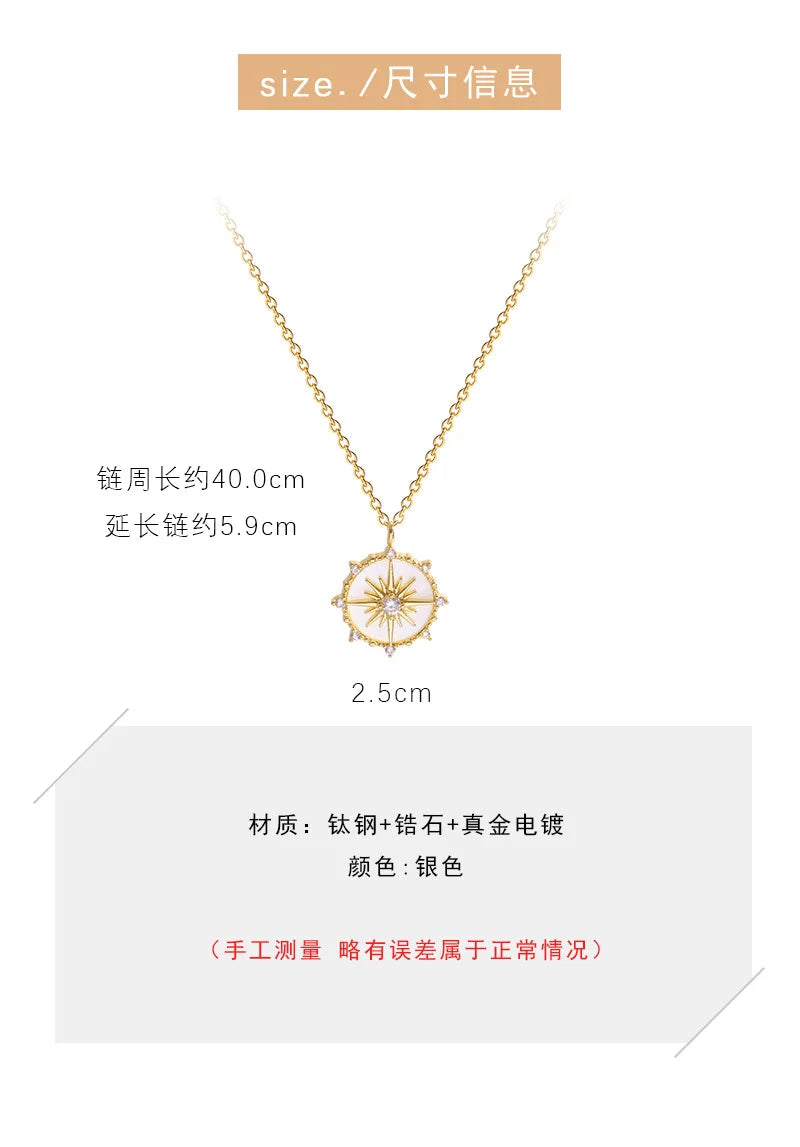 DIEYURO Stainless Steel Fashion Personality Geometric Zircon Necklace Shell Flower Pendant Hong Kong Style Clavicle Chain Gift