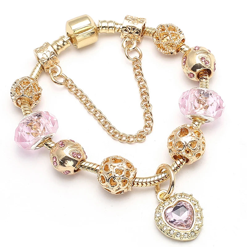2024 New Crystal Heart Beads Charm Bracelets Gold Color Snake Chain Brand Bracelets for Women Lover Valentine's Day Jewelry Gift