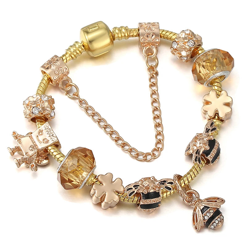 2024 New Crystal Heart Beads Charm Bracelets Gold Color Snake Chain Brand Bracelets for Women Lover Valentine's Day Jewelry Gift