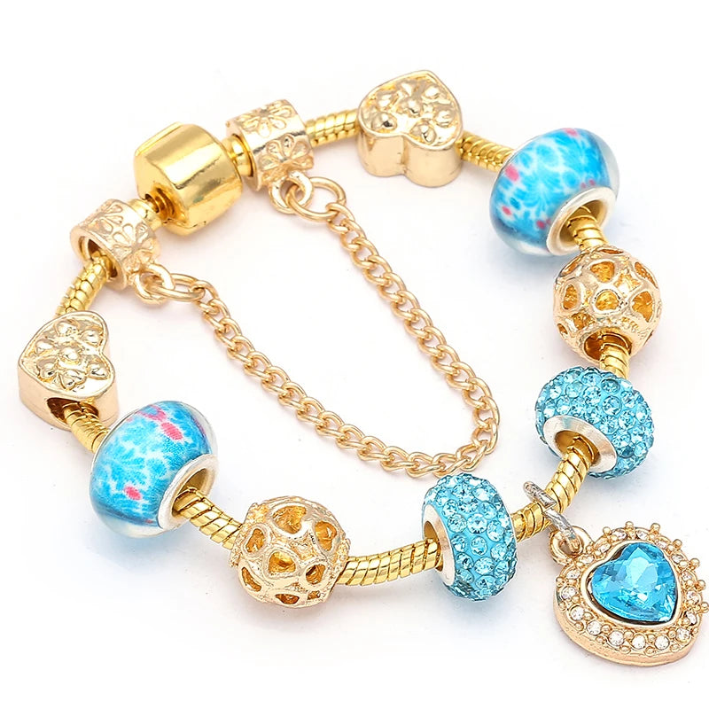 2024 New Crystal Heart Beads Charm Bracelets Gold Color Snake Chain Brand Bracelets for Women Lover Valentine's Day Jewelry Gift