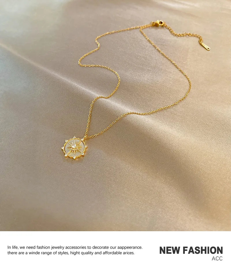 DIEYURO Stainless Steel Fashion Personality Geometric Zircon Necklace Shell Flower Pendant Hong Kong Style Clavicle Chain Gift