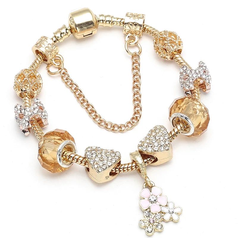 2024 New Crystal Heart Beads Charm Bracelets Gold Color Snake Chain Brand Bracelets for Women Lover Valentine's Day Jewelry Gift
