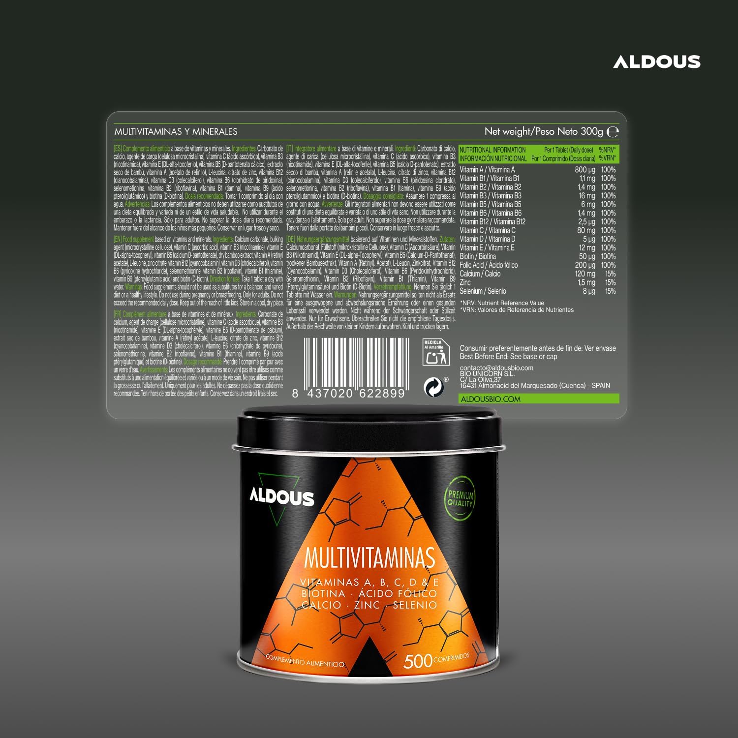 Multivitaminas Hombre y Mujer 500 Comprimidos – Complejo Vitaminico Completo Aldous