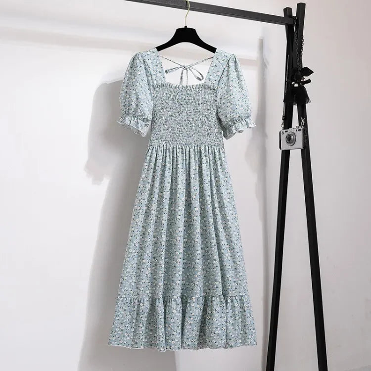 Spring Summer Elastic Waist Chiffon Dress Women Casual Dresses Fashion Female  Vestidos Short Sleeve Pleated A-line Dresses