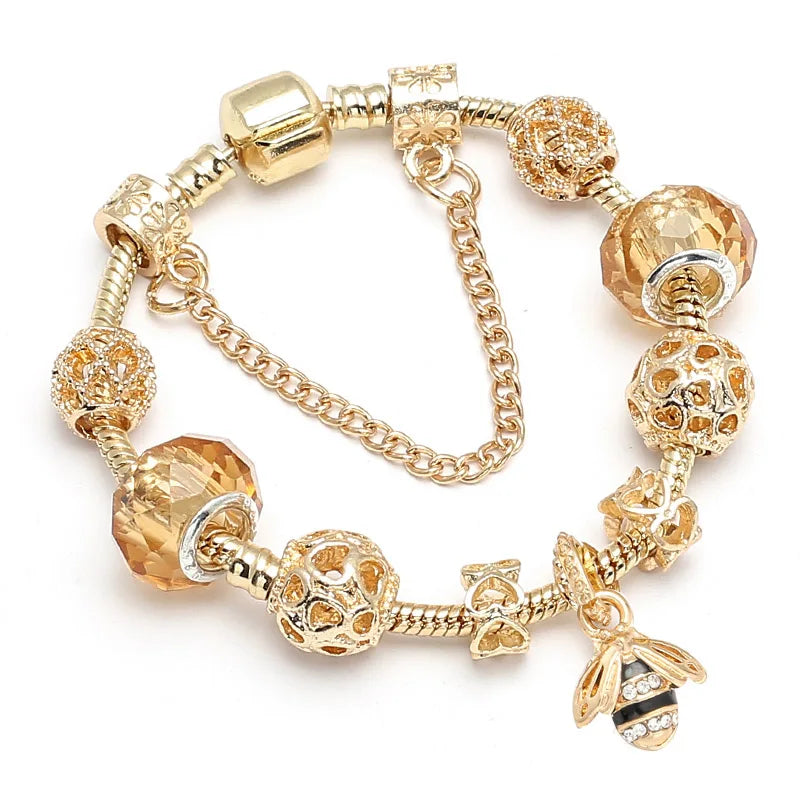2024 New Crystal Heart Beads Charm Bracelets Gold Color Snake Chain Brand Bracelets for Women Lover Valentine's Day Jewelry Gift