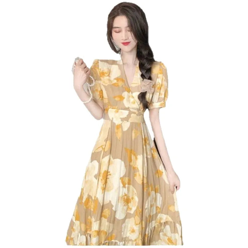 Hebe Style Long Ankle Skirt Sweet Floral Print Women's Dress High Waist Fly Sleeve High Collar Street Trend Urban Fashion