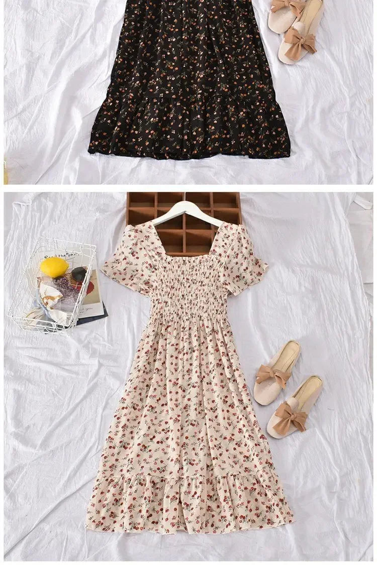 2024 Summer Vintage Korean Style Square Collar Printed Waist-fitted Slimming Ruffle Dress Women's Clothing