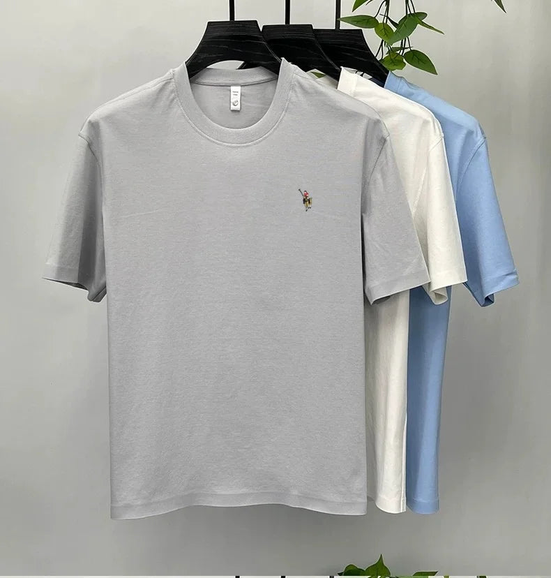 Camiseta Hombre 100% Algodón Manga Corta — Bordado Pony, Cuello Redondo, Verano