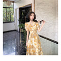 Hebe Style Long Ankle Skirt Sweet Floral Print Women's Dress High Waist Fly Sleeve High Collar Street Trend Urban Fashion