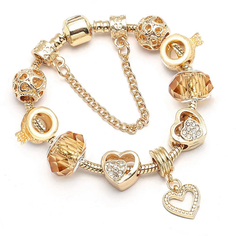 2024 New Crystal Heart Beads Charm Bracelets Gold Color Snake Chain Brand Bracelets for Women Lover Valentine's Day Jewelry Gift