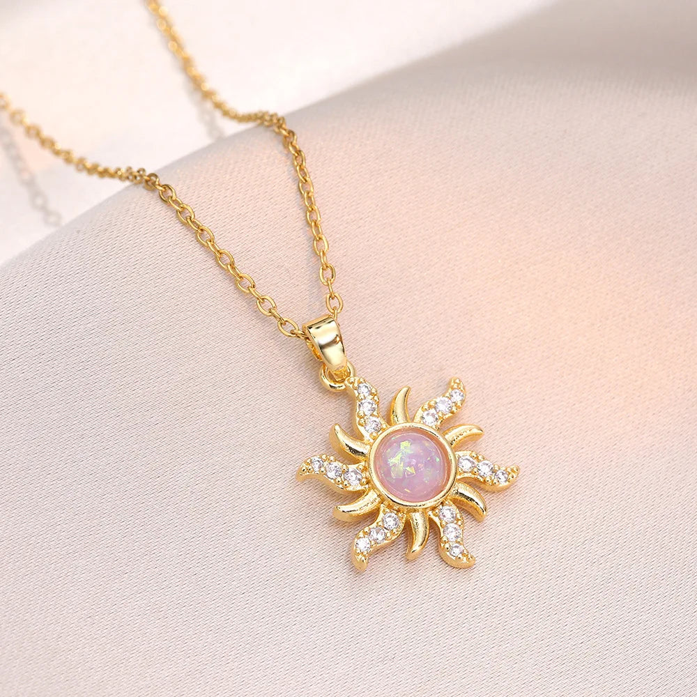 Stainless Steel Luxury Crystal Sun Flower Pendant Necklace for Women Exquisite Trendy Gold Color Zircon Collar Jewelry Colorfast