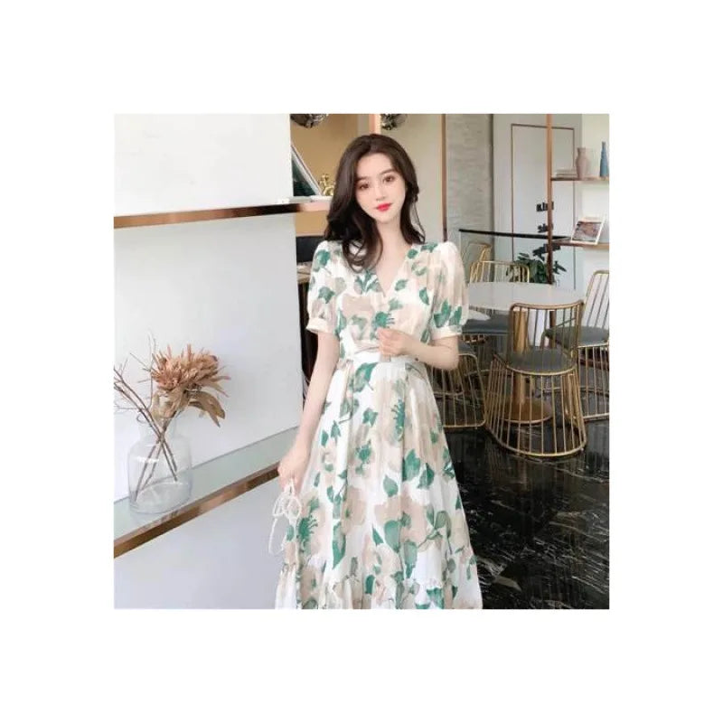 Hebe Style Long Ankle Skirt Sweet Floral Print Women's Dress High Waist Fly Sleeve High Collar Street Trend Urban Fashion