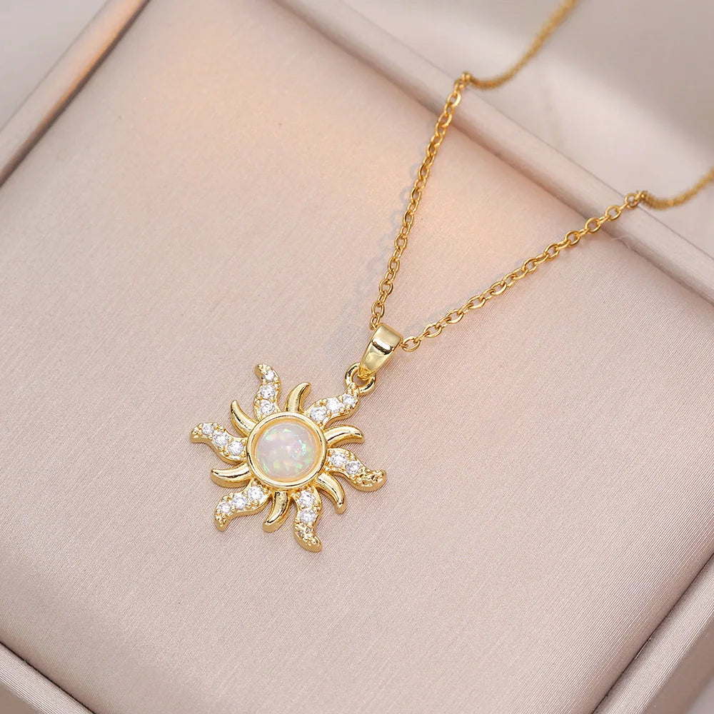 Stainless Steel Luxury Crystal Sun Flower Pendant Necklace for Women Exquisite Trendy Gold Color Zircon Collar Jewelry Colorfast