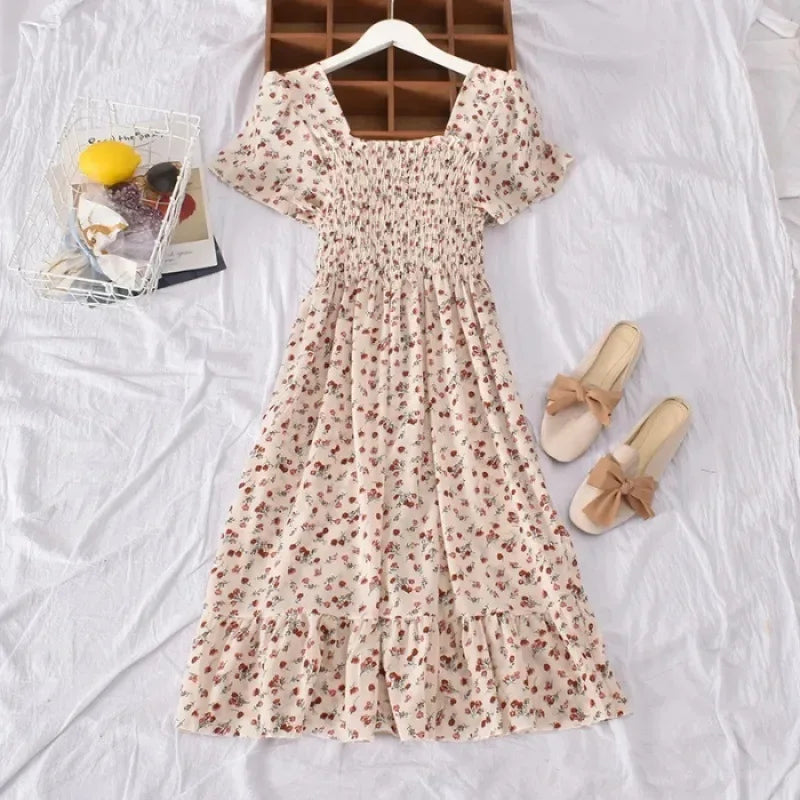 2024 Summer Vintage Korean Style Square Collar Printed Waist-fitted Slimming Ruffle Dress Women's Clothing