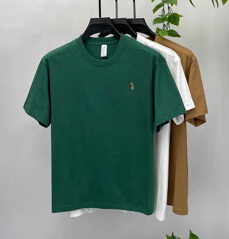 Camiseta Hombre 100% Algodón Manga Corta — Bordado Pony, Cuello Redondo, Verano