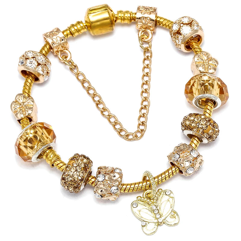 2024 New Crystal Heart Beads Charm Bracelets Gold Color Snake Chain Brand Bracelets for Women Lover Valentine's Day Jewelry Gift