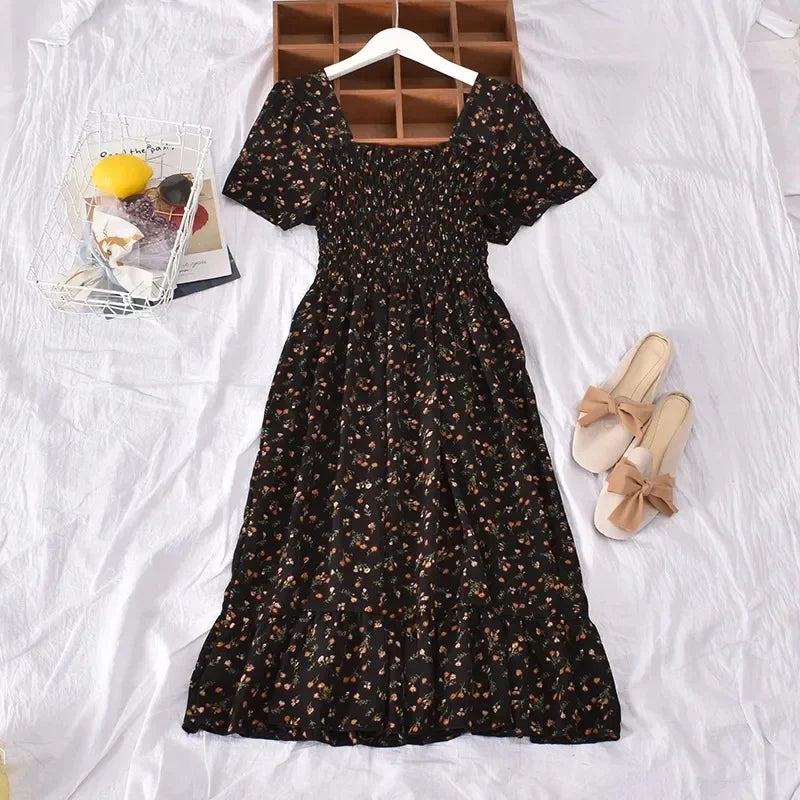2024 Summer Vintage Korean Style Square Collar Printed Waist-fitted Slimming Ruffle Dress Women's Clothing