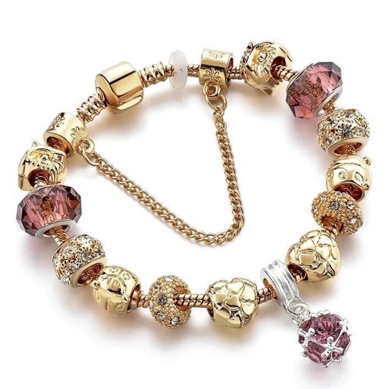 2024 New Crystal Heart Beads Charm Bracelets Gold Color Snake Chain Brand Bracelets for Women Lover Valentine's Day Jewelry Gift