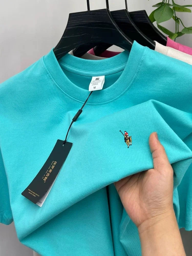 Camiseta Hombre 100% Algodón Manga Corta — Bordado Pony, Cuello Redondo, Verano