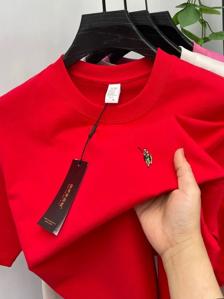 Camiseta Hombre 100% Algodón Manga Corta — Bordado Pony, Cuello Redondo, Verano