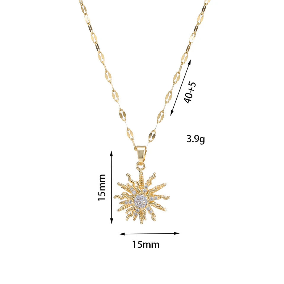 Yupsk Titanium Steel Gold Color Rotating Flower Pendant Necklace for Women Shiny Clear Zircon Sun Clavicle Chain Necklaces Gift