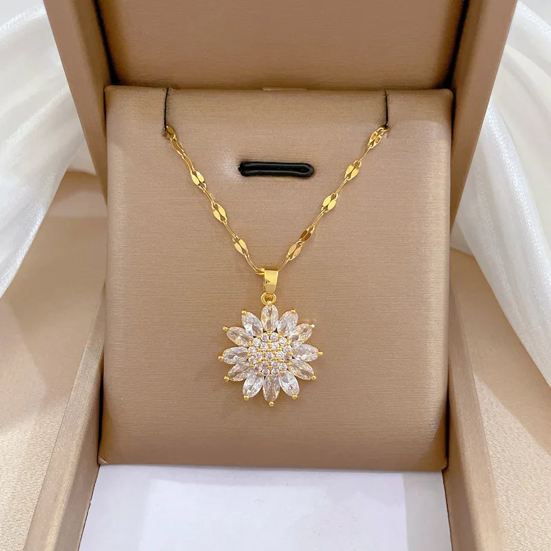 Luxury Zircon Sunflower Pendant Necklace for Women Gold Color Metal Full Zircon Sunflower Necklace Couple Wedding Jewelry