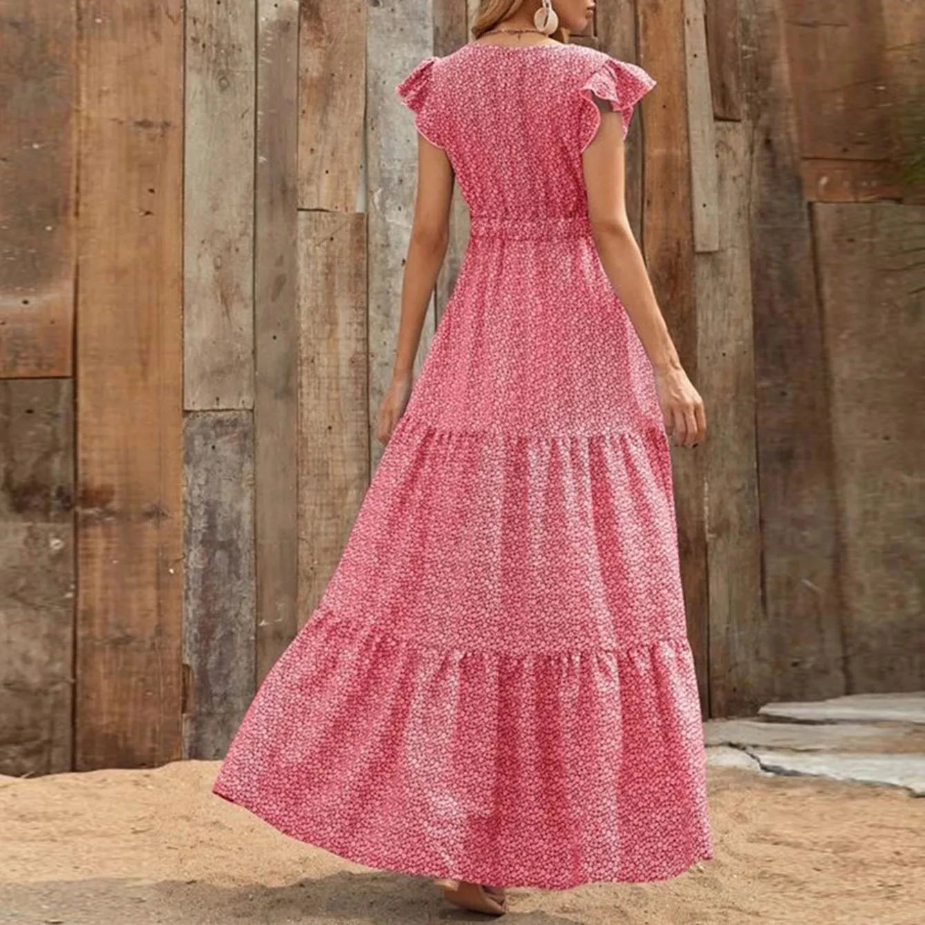 European and American women's summer V-neck high-waisted floral print resort long dress with patchwork floral design