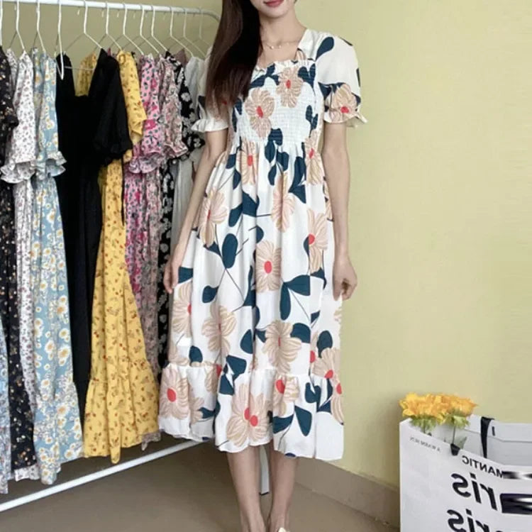Spring Summer Elastic Waist Chiffon Dress Women Casual Dresses Fashion Female  Vestidos Short Sleeve Pleated A-line Dresses
