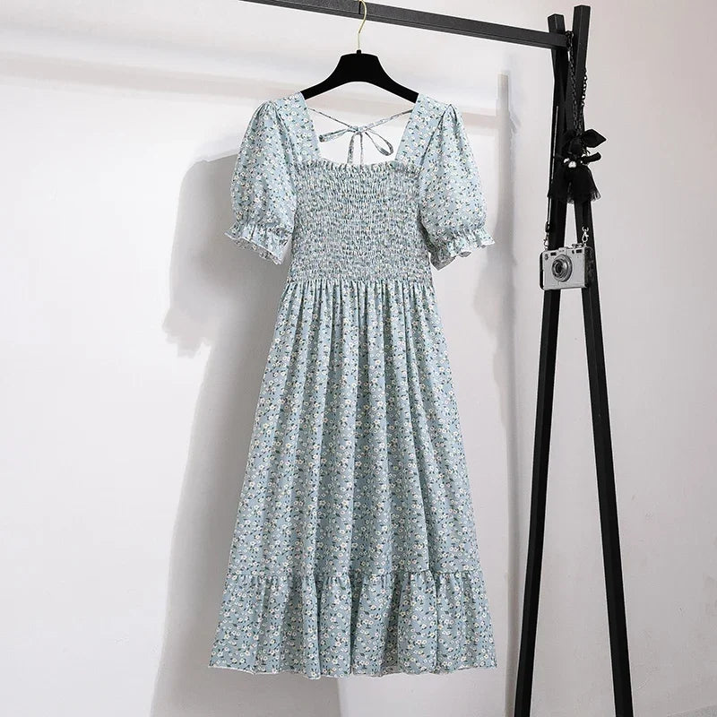Spring Summer Elastic Waist Chiffon Dress Women Casual Dresses Fashion Female  Vestidos Short Sleeve Pleated A-line Dresses
