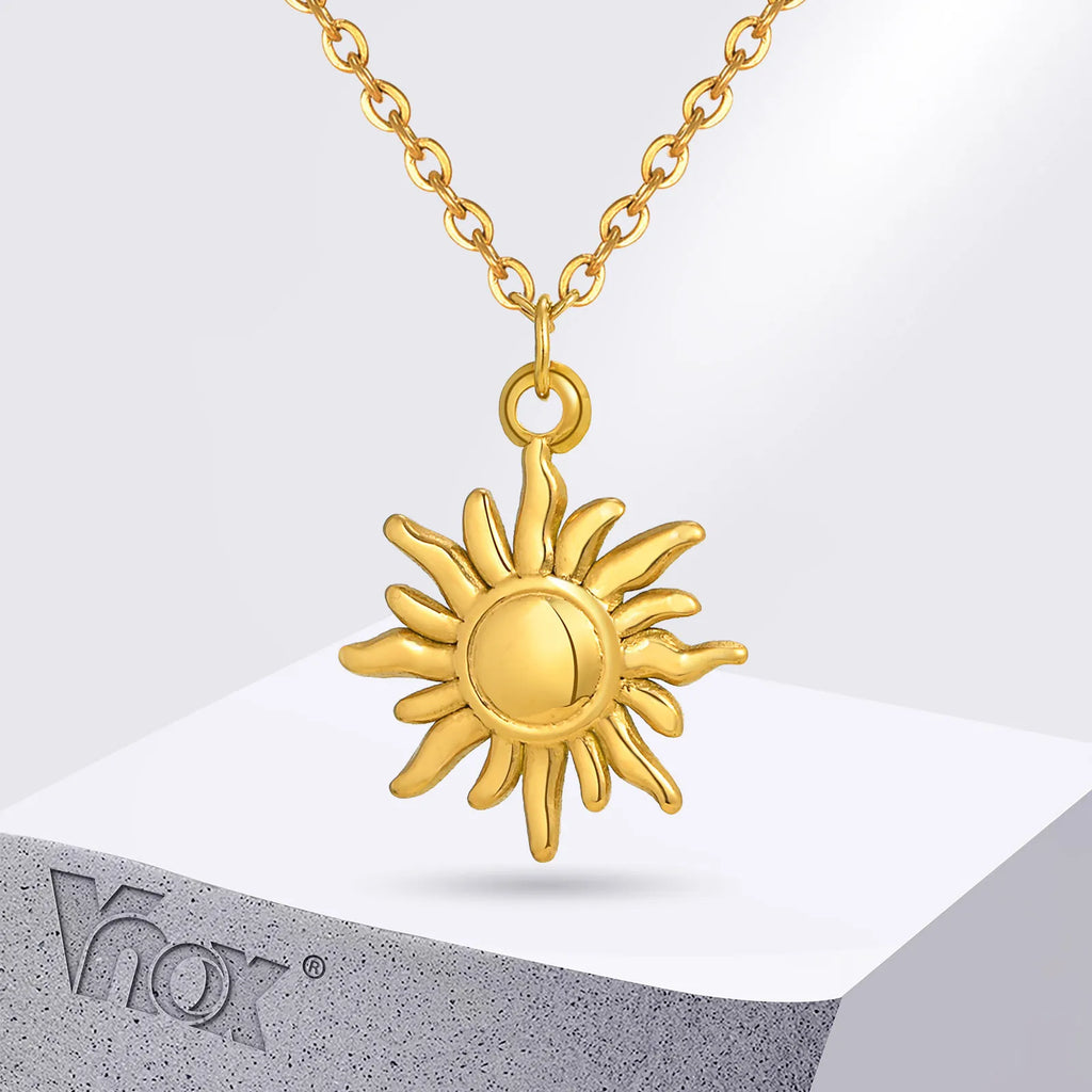 Vnox Gold Plated Shining Sunflower Necklace For Women,Stainless Steel  Aesthetic Jewelry,Fashion Sun Pendent Necklace Girls Gift