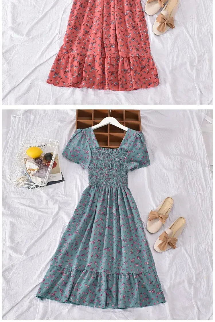 2024 Summer Vintage Korean Style Square Collar Printed Waist-fitted Slimming Ruffle Dress Women's Clothing