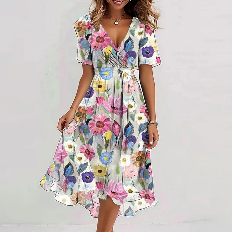 Elegant And Fashionable Printed Knee Length Dress For Women 2026 New Loose Casual V-neck Floral New Printed Dress Femme Robe