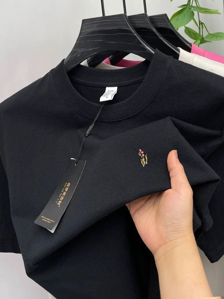 Camiseta Hombre 100% Algodón Manga Corta — Bordado Pony, Cuello Redondo, Verano